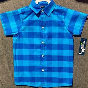 NEW Little Rebel Boys Size 7 Blue Short Sleeve Checkered Button Down Plaid Shirt